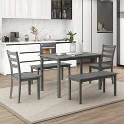 Harper & Bright Designs 5-Piece Wooden Dining Set, Kitchen Table with 2 Dining Chairs & 2 Benches, Farmhouse Rustic Style Dining Table And Chair Bench Set