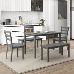 Winwee 5 Piece Dining Table Set, Wood Dining Room Table, 2 Dining Chairs And 2 Benches, Rustic Farmhouse Kitchen Table Set For 6 Persons, 30x48 Inch Kitchen Table (Gray) -Amazon Store 51L2txH6aTL. AC 1