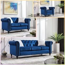 3-Piece Velvet Upholstered Living Room Furniture Set, Including 3-Seater Sofa, Loveseat And Single Sofa Chair With Button And Copper Nail On Arms And Back, Five White Villose Pillows Included, Blue -Amazon Store 51L3mb4Yb1L
