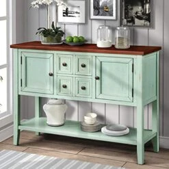 Harper & Bright Designs Buffet Cabinet Kitchen Storage Buffet And Sideboard Table Console Tables With Four Storage Drawers Two Cabinets And Bottom (Antique Blue)
