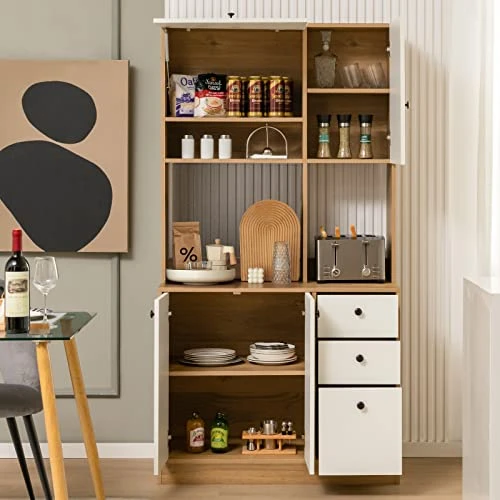 Giantex Kitchen Pantry, Buffet Hutch With 3 Storage Cabinet, 71'' Floor Large Cupboard With 3 Deep Drawers, Wide Countertop, Adjustable Shelves, Tall Sideboard (White & Natural) 4 Giantex Kitchen Pantry, Buffet Hutch With 3 Storage Cabinet, 71'' Floor Large Cupboard With 3 Deep Drawers, Wide Countertop, Adjustable Shelves, Tall Sideboard (White & Natural) - Image 2