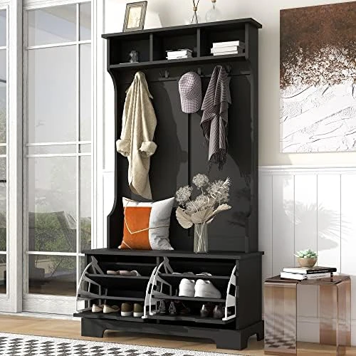 Merax Hall Tree, Modern Style Multiple Functions Hallway Coat Rack With Metal Black Hooks, Entryway Bench 60" Wide Hall Tree With Ample Storage Space And 24 Shoe Cubbies (White, 60") 10 Merax Hall Tree, Modern Style Multiple Functions Hallway Coat Rack With Metal Black Hooks, Entryway Bench 60" Wide Hall Tree With Ample Storage Space And 24 Shoe Cubbies (White, 60") - Image 8