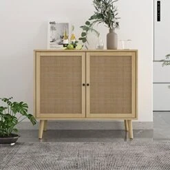 Rattan Buffet Sideboard Cabinet, 2 Doors Storage Cabinet Console Table Accent Cabinet With Adjustable Shelves For Kitchen Living Room Dining Room, Natural
