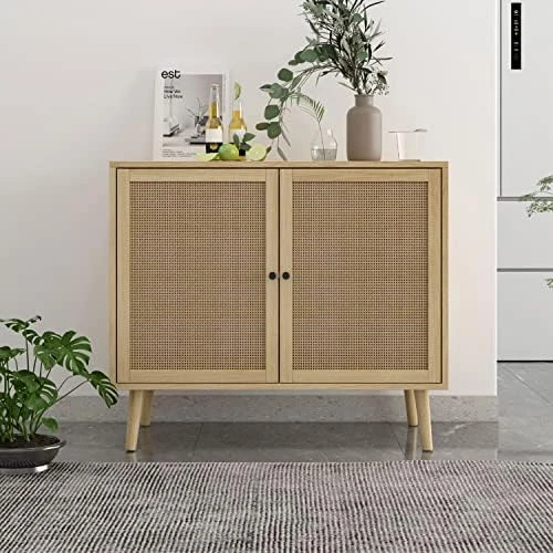 Rattan Buffet Sideboard Cabinet, 2 Doors Storage Cabinet Console Table Accent Cabinet With Adjustable Shelves For Kitchen Living Room Dining Room, Natural 11 Rattan Buffet Sideboard Cabinet, 2 Doors Storage Cabinet Console Table Accent Cabinet With Adjustable Shelves For Kitchen Living Room Dining Room, Natural - Image 9