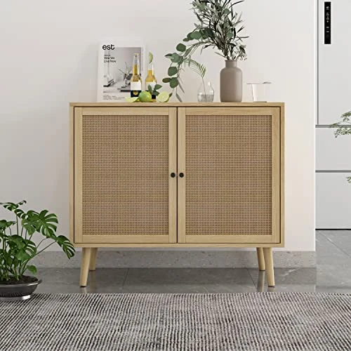 Rattan Buffet Sideboard Cabinet, 2 Doors Storage Cabinet Console Table Accent Cabinet With Adjustable Shelves For Kitchen Living Room Dining Room, Natural 3 Rattan Buffet Sideboard Cabinet, 2 Doors Storage Cabinet Console Table Accent Cabinet With Adjustable Shelves For Kitchen Living Room Dining Room, Natural