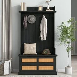 HAMANY 4 In 1 Entryway Hall Tree With Coat Rack And Storage Bench, High Wood Coat Tree With 5 Metal Double Hooks And Shelves For Hallway, Living Room, Mudroom (Black Hall Tree)