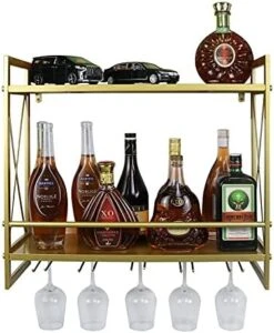 FLRH Wine Racks Wall Mounted, 24.2in Black Metal Multipurpose Shelf Hung Bracket With Glass Holder, 2-Tiers Wall Mount Bottle Holder Glass Rack -Amazon Store 51LUAMwztGL. AC