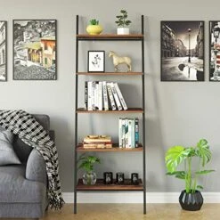 TINKLE WELL 5-Tier Bookshelf, Industrial Leaning Ladder Shelf, Wooden Storage Display Rack For Living Room, Bedroom, Office, Rustic Brown