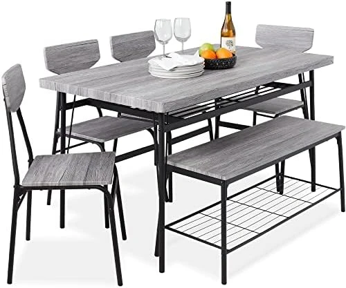 Best Choice Products 6-Piece 55in Modern Dining Set For Home, Kitchen, Dining Room W/Storage Racks, Rectangular Table, Bench, 4 Chairs, Steel Frame - Gray 9 Best Choice Products 6-Piece 55in Modern Dining Set For Home, Kitchen, Dining Room W/Storage Racks, Rectangular Table, Bench, 4 Chairs, Steel Frame - Gray - Image 7