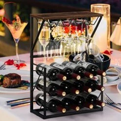 SHINOSKE Wood Countertop Wine Rack, 12 Bottle 3 Tier Metal Free Standing Wine Storage Holder, Wine Holder Storage Shelf For Kitchen, Bar, Pantry, Wine Cellar, Basement, Countertop -Amazon Store 51M5kR7DAYL