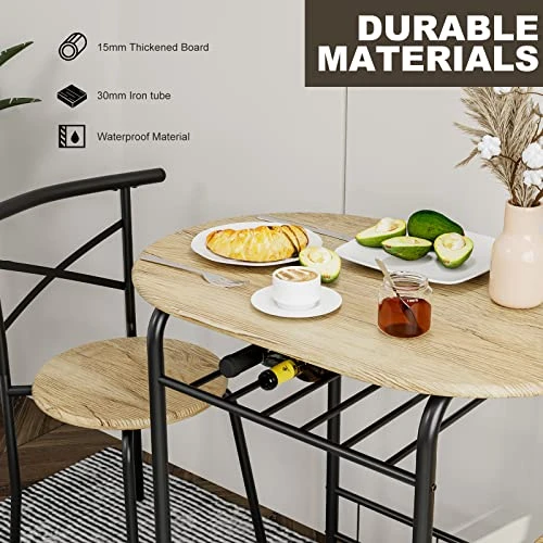 CAMORSA 3 Pieces Dining Set For 2 Small Kitchen, Breakfast Table Set Wood Round Table & Chair With Metal Frame And Wine Rack, Space Saving, For Apartment Dining Room, Natural 7 CAMORSA 3 Pieces Dining Set For 2 Small Kitchen, Breakfast Table Set Wood Round Table & Chair With Metal Frame And Wine Rack, Space Saving, For Apartment Dining Room, Natural - Image 5