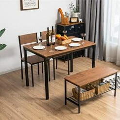 Giantex Dining Table Set For 4, Kitchen Table With Bench And Chairs, Industrial Gathering Bench Dining Set W/Metal Frame & Storage Rack, Dinette Set, Modern Functional Desk Set (Teak) -Amazon Store 51MNtg6YnNL