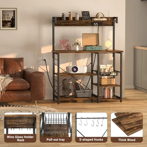 Topfurny Bakers Rack With Power Outlet, Microwave Stand, Kitchen Storage Shelf With Wire Basket, Coffee Bar Station With Wine Glass Holder, Kitchen Rack For Spices, Pots, And Pans, Rustic Brown 5 Topfurny Bakers Rack With Power Outlet, Microwave Stand, Kitchen Storage Shelf With Wire Basket, Coffee Bar Station With Wine Glass Holder, Kitchen Rack For Spices, Pots, And Pans, Rustic Brown - Image 3