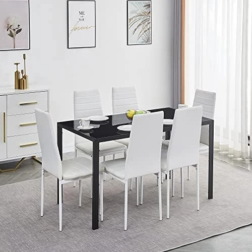 Paonne Glass Dining Table And Chair 7 Pieces Set, Dining Table Set For 6 Kitchen Room Table With 6 Chairs, Rectangular Glass Table With 4 PU Chairs 17 Paonne Glass Dining Table And Chair 7 Pieces Set, Dining Table Set For 6 Kitchen Room Table With 6 Chairs, Rectangular Glass Table With 4 PU Chairs - Image 15