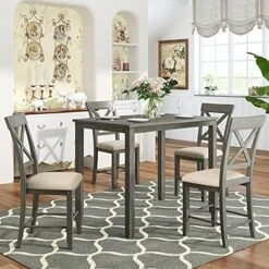 Harper & Bright Designs 5 Piece Counter Height Dining Table Set, Wood Kitchen Table Set With Table And 4 Upholstered Chairs, Grey -Amazon Store 51MvYc VxfS. AC