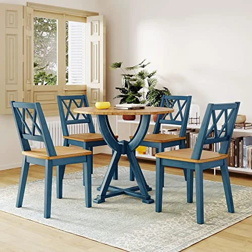 Merax Mid-Century 5 Piece Dining Table Set With Chairs For 4 People, Home Kitchen Wooden Furniture, Antique Oak+Antique Blue 3 Merax Mid-Century 5 Piece Dining Table Set With Chairs For 4 People, Home Kitchen Wooden Furniture, Antique Oak+Antique Blue