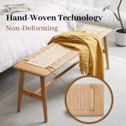 Bamskov 100% Solid Oak Dining Bench With Rope Weaving Artwork - Versatile Modern Furniture For Entryway, Dining Room, Bedroom, Kitchen - 32" L (Natural) -Amazon Store 51NBKqaLAEL