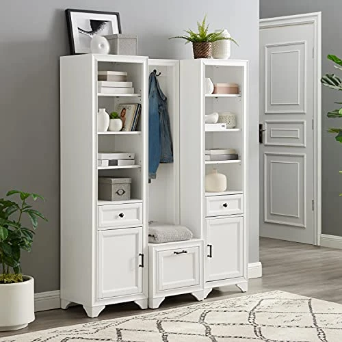 Crosley Furniture KF33009WH Tara 3-Piece Entryway Set With Hall Tree And 2 Linen Cabinets, Distressed White 3 Crosley Furniture KF33009WH Tara 3-Piece Entryway Set With Hall Tree And 2 Linen Cabinets, Distressed White