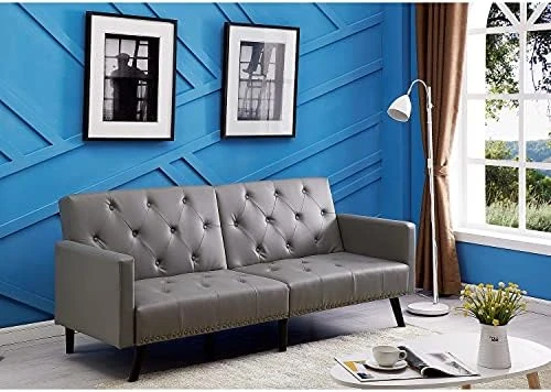 Tufted Split Back Futon, Mid Century Modern Convertible Sofa Bed For Small Rooms, Faux Leather Couch With Elegant Design, Perfect For Your Modern Living Room Or Guest Room - White, Faux Leather 12 Tufted Split Back Futon, Mid Century Modern Convertible Sofa Bed For Small Rooms, Faux Leather Couch With Elegant Design, Perfect For Your Modern Living Room Or Guest Room - White, Faux Leather - Image 10