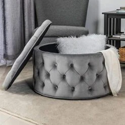 Homebeez Round Velvet Storage Ottoman, Button Tufted Footrest Stool Coffee Table For Living Room (Grey) -Amazon Store 51NdUoL5wQL