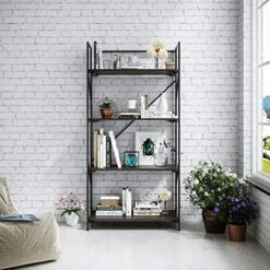 4 Tier Folding Bookshelf, Industrial Metal Book Shelf For Storage, Folding Bookcase For Organization And Storage, Rustic Wooden Metal Book Case For Living Room Office, 11.8 D X 23.6 W X 49.8 H Inches -Amazon Store 51Ng26BuDxL. AC