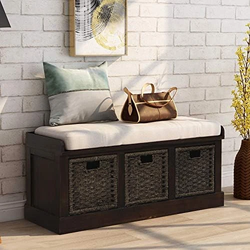 Storage Bench With 3 Basket Drawers, Rustic Entryway Bench/Shoe Bench With Cushioned Seat For Entryway, Hallway, Mudroom, Living Room (Off-White) 8 Storage Bench With 3 Basket Drawers, Rustic Entryway Bench/Shoe Bench With Cushioned Seat For Entryway, Hallway, Mudroom, Living Room (Off-White) - Image 6