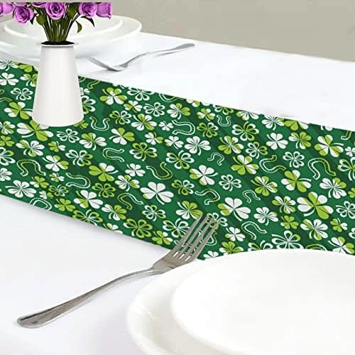 Exnundod St Patrick Shamrock Lucky Table Runner 90 Inches Green Cirrus Clovers Spring Runner For Spring Dining Table Kitchen Holiday Home Seasonal Decor 9 Exnundod St Patrick Shamrock Lucky Table Runner 90 Inches Green Cirrus Clovers Spring Runner For Spring Dining Table Kitchen Holiday Home Seasonal Decor - Image 7