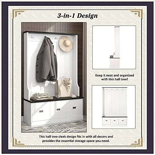 LOVMOR Entryway Hall Tree, Coat Rack With 3 Large Drawers, Entryway Bench, Storage Bench With 4 Hooks, 3-in-1 Design, Bench With Coat Rack For Entryway, Hallway, White 6 LOVMOR Entryway Hall Tree, Coat Rack With 3 Large Drawers, Entryway Bench, Storage Bench With 4 Hooks, 3-in-1 Design, Bench With Coat Rack For Entryway, Hallway, White - Image 4