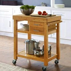 Home Aesthetics Bamboo Rolling Kitchen Island Cart, Butcher Block Food Kitchen Prepping Cart Trolley On Wheels, Rolling Wood Kitchen Cart With Drawers Shelves, Towel Rack, Locking Casters