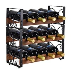 X-cosrack Rustic 3 Tier Stackable Wine Rack Freestanding 12 Bottles Organizer Holder Stand Countertop Liquor Storage Shelf Solid Wood & Iron 17" L X 7.2" W X 16.5" H-Patent Design