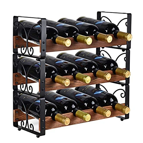 X-cosrack Rustic 3 Tier Stackable Wine Rack Freestanding 12 Bottles Organizer Holder Stand Countertop Liquor Storage Shelf Solid Wood & Iron 17" L X 7.2" W X 16.5" H-Patent Design 3 X-cosrack Rustic 3 Tier Stackable Wine Rack Freestanding 12 Bottles Organizer Holder Stand Countertop Liquor Storage Shelf Solid Wood & Iron 17" L X 7.2" W X 16.5" H-Patent Design