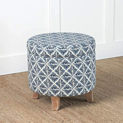 Homepop Home Decor | Upholstered Round Storage Ottoman | Ottoman With Storage For Living Room & Bedroom With Flared Legs, Navy Blue Geometric Pattern 4 Homepop Home Decor | Upholstered Round Storage Ottoman | Ottoman With Storage For Living Room & Bedroom With Flared Legs, Navy Blue Geometric Pattern - Image 2