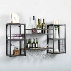 Industrial Hanging Wine Rack Wall Mounted With 5 Stem Glass Holder,47.2in Rustic Wine Glass Rack Wall Mount,Wine Glass Shelf Metal Floating Bar Shelves,Wall Shelf Wine Bottle Holder Wood Shelves