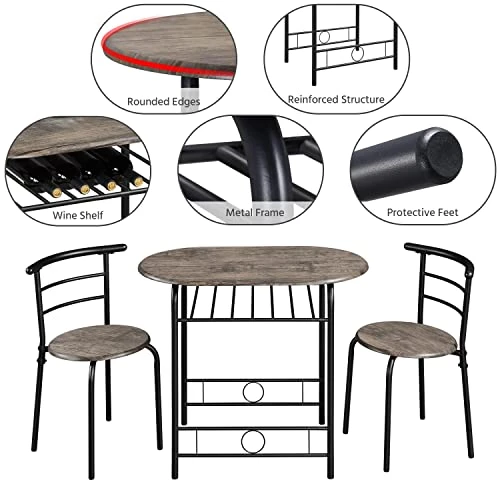 Yaheetech 3 Piece Round Dining Table Set Kitchen Breakfast Table Set For 2 Dining Table With 2 Chairs Space Saving Table Set W/Metal Frame, Wine Rack For Small Space/Apartment, Drift Brown 6 Yaheetech 3 Piece Round Dining Table Set Kitchen Breakfast Table Set For 2 Dining Table With 2 Chairs Space Saving Table Set W/Metal Frame, Wine Rack For Small Space/Apartment, Drift Brown - Image 4