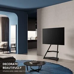 FITUEYES Design Corner TV Stand For 43 55 65 70 75 Inch TV, Black TV Cart Floor Stand, Modern TV Stand With Wooden Storage Shelves, Eiffel Series -Amazon Store 51OGVGNdmZS