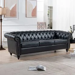 HomSof Rolled Arm Chesterfield 3 Seater Sofa, Mid Century Modern Couch For Small Spaces, Black PU|line 84‘’ -Amazon Store 51OJpyqE6GL