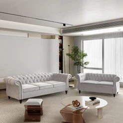 2 Piece Living Room Set, Velvet Chesterfield Sofa Loveseat Couch With Scroll Arms And Nailhead For Living Room, Office (Grey)