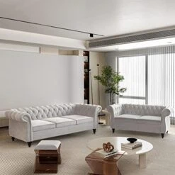 2 Piece Living Room Set, Velvet Chesterfield Sofa Loveseat Couch With Scroll Arms And Nailhead For Living Room, Office (Grey) 30 2 Piece Living Room Set, Velvet Chesterfield Sofa Loveseat Couch With Scroll Arms And Nailhead For Living Room, Office (Grey) -Amazon Store 51OMDNxvskL. AC