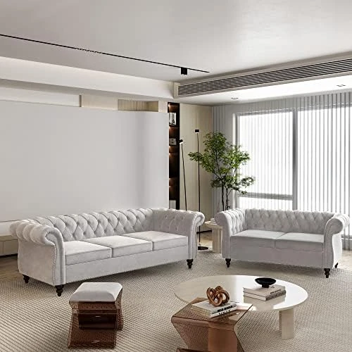 2 Piece Living Room Set, Velvet Chesterfield Sofa Loveseat Couch With Scroll Arms And Nailhead For Living Room, Office (Grey) 16 2 Piece Living Room Set, Velvet Chesterfield Sofa Loveseat Couch With Scroll Arms And Nailhead For Living Room, Office (Grey) - Image 14