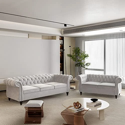 2 Piece Living Room Set, Velvet Chesterfield Sofa Loveseat Couch With Scroll Arms And Nailhead For Living Room, Office (Grey) 3 2 Piece Living Room Set, Velvet Chesterfield Sofa Loveseat Couch With Scroll Arms And Nailhead For Living Room, Office (Grey)