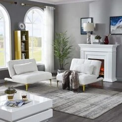 Convertible Futon Sofa Bed, Modern Teddy Fabric Loveseat Sofa With Adjustable Backrest & Pillow, Futon Sleeper Sofa Bed With Gold Metal Legs For Small Spaces Living Room (White Teddy 2) -Amazon Store 51OVnIzSXJL