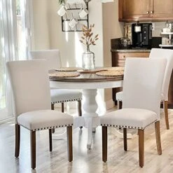 COLAMY Upholstered Parsons Dining Chairs Set Of 4, Fabric Dining Room Kitchen Side Chair With Nailhead Trim And Wood Legs - Beige -Amazon Store 51OjPOv5KNL