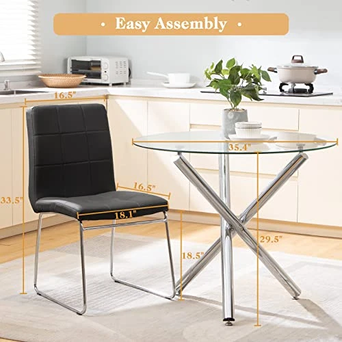 SICOTAS Dinner Table Set For 4 - Round Glass Kitchen Table With 4 Chairs, Modern Dining Table Set With Metal Legs, 5 Piece Dinning Room Table Set For Apartment Kitchen, Dining Room, Black 7 SICOTAS Dinner Table Set For 4 - Round Glass Kitchen Table With 4 Chairs, Modern Dining Table Set With Metal Legs, 5 Piece Dinning Room Table Set For Apartment Kitchen, Dining Room, Black - Image 5