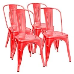 Furmax Metal Dining Chair Indoor-Outdoor Use Stackable Classic Trattoria Chair Chic Dining Bistro Cafe Side Metal Chairs Set Of 4 (Red)