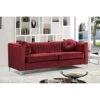 Meridian Furniture Isabelle Collection Modern | Contemporary Channel Tufted, Velvet Upholstered Sofa With Custom Chrome Legs, Burgundy, 86.5" W X 35.5" D X 31" H