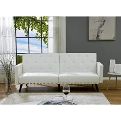 Tufted Split Back Futon, Mid Century Modern Convertible Sofa Bed For Small Rooms, Faux Leather Couch With Elegant Design, Perfect For Your Modern Living Room Or Guest Room - White, Faux Leather