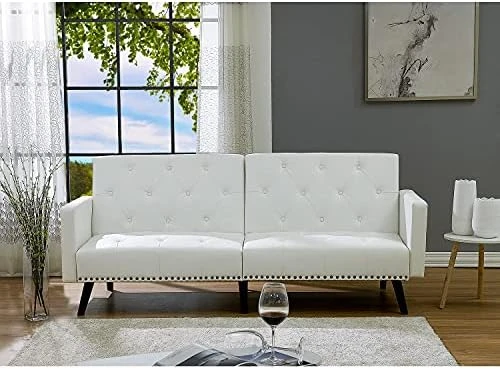 Tufted Split Back Futon, Mid Century Modern Convertible Sofa Bed For Small Rooms, Faux Leather Couch With Elegant Design, Perfect For Your Modern Living Room Or Guest Room - White, Faux Leather 13 Tufted Split Back Futon, Mid Century Modern Convertible Sofa Bed For Small Rooms, Faux Leather Couch With Elegant Design, Perfect For Your Modern Living Room Or Guest Room - White, Faux Leather - Image 11