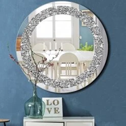 Crystal Crush Diamond Sparkly Round Silver Mirror For Wall Decoration 20x20x1 Inch Wall Hang Frameless Bling Stylish Gorgeous Glam Mirror Vanity Home Decor. -Amazon Store 51P7PiNAk5L. AC