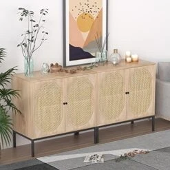 XIAO WEI Sideboard With Handmade Natural Rattan Doors, Rattan Cabinet Console Table Storage Cabinet Buffet Cabinet, For Kitchen, Living Room, Hallway, Entryway, Black -Amazon Store 51PFylnBUrL. AC