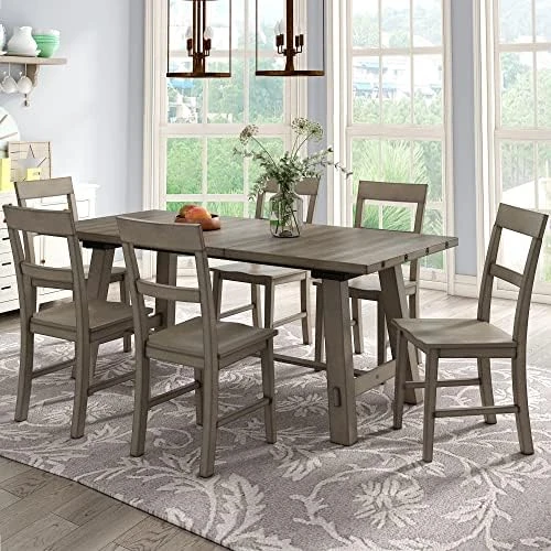 CITYLIGHT 7 Pieces Dining Table Set, Rustic Kitchen Furniture Set, Counter Height Farmhouse Wood Dining Table Set With 6 Upholstered Dining Chairs, White+Walnut+Beige 15 CITYLIGHT 7 Pieces Dining Table Set, Rustic Kitchen Furniture Set, Counter Height Farmhouse Wood Dining Table Set With 6 Upholstered Dining Chairs, White+Walnut+Beige - Image 13